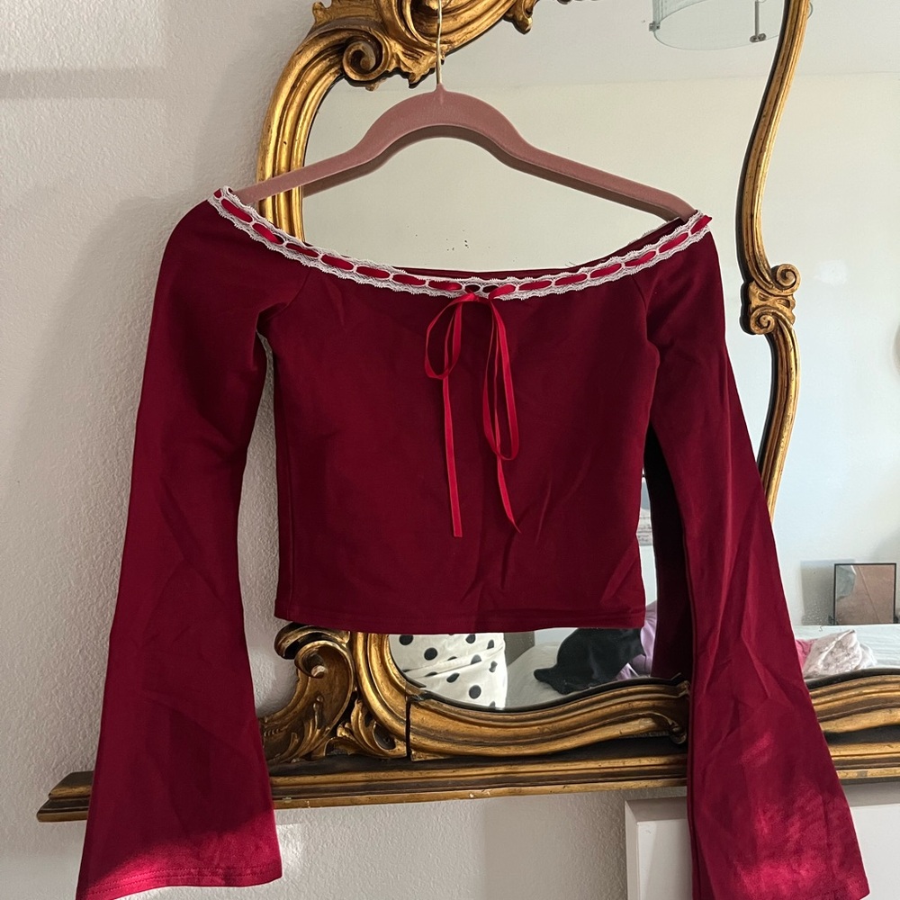 Edikted Burgundy Off-Shoulder Blouse with Lace Trim